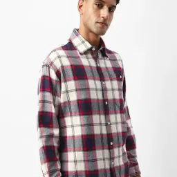 Bewakoof Men's Beige & Blue Checked Oversized Shirt image 2