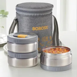 Borosil Grey Stainless Steel Lunch Box Set of 3 (370ml) image 1