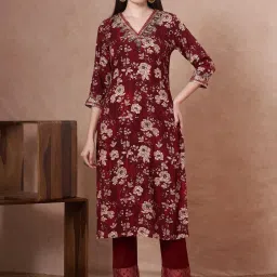 Fashor Maroon Viscose Floral Kurti image 1
