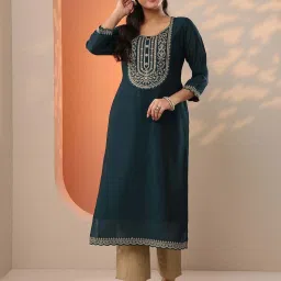 Libas Teal Straight Fit Embroidered Kurta image 1