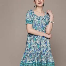 Label Ritu Kumar Blue Rayon Botanic Print Fit & Flare Short Dress-picture-2
