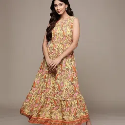 Label Ritu Kumar Yellow Rayon Botanic Print Fit & Flare Dress-picture-30