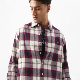 Bewakoof Men's Beige & Blue Checked Oversized Shirt image 4