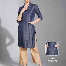 Life With Pockets Blue Stand Collar Three-Quarter Sleeve Back Pleated Knee-Long Polyester Kurta-picture-38
