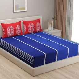 Swayam   Stripes Blue & Red 240 TC Cotton King Bedsheet with 2 Pillow Covers image 1
