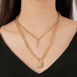 Vembley Women Gold-Plated Layered Lock & Key Necklace-picture-15