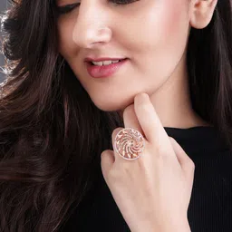 Rubans Rose Gold-Plated White CZ Studded Handcrafted Statement Adjustable Finger Ring-picture-29