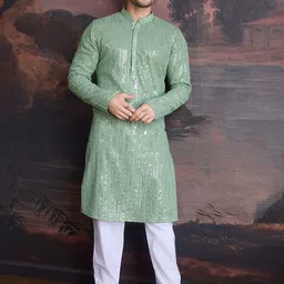 House of Pataudi Embroidered Sequinned Mandarin Collar Straight Kurta With Trouser image 5