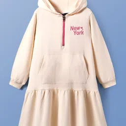 Pine Kids Cotton Knit Full Sleeves Hooded Sweatshirt Dress with Kangaroo Pockets & Text Print - Beige image 1