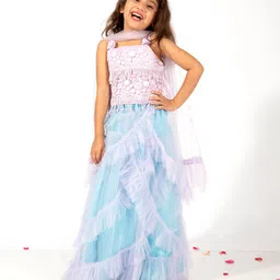 Elaisha Sleeveless Floral Lace Embelished Choli & Ruffled Layered Lehenga With Net Dupatta Set - Mauve & Pastle Green-image-23