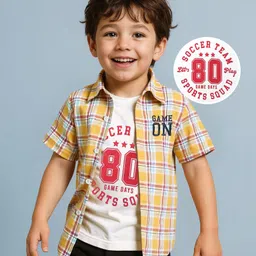 Babyhug Cotton Knit Half Sleeves Checks Shirt & Sleeveless Tank T-Shirt with Gaming Text Print - Yellow & White-image-11