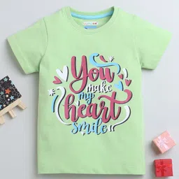 BUMZEE Cotton Woven Half Sleeves Checks T-Shirt with You Make My Heart Smile Text Print - Light Green-picture-27