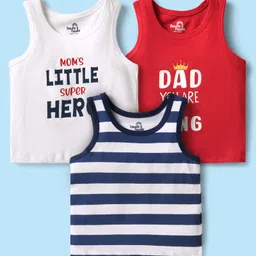 Doodle Poodle 100% Cotton Single Jersey Knit Vests With Stripes & Text Print Pack Of 3 - Red White & Navy Blue-image-39