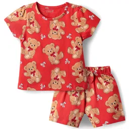 Babyhug Cotton Knit Half Sleeves Co-ords Shorts Night Suit with Bear Print - Red-picture-18