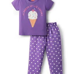 Babyhug Cotton Knit Half Sleeves Night Suit with Ice Cream Print - Purple-picture-13