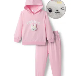 Mark & Mia Cotton Full Sleeves Winter Wear Hooded T-Shirt & Joggers Set With Bunny Applique - Pink-picture-16