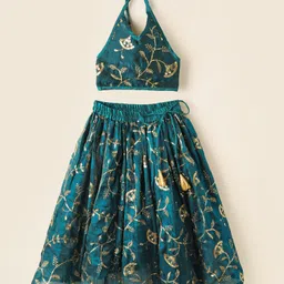 Saka Designs Satin Woven Sleeveless Choli Lehenga Set with Embroidery & Sequin Detailing - Teal Blue-picture-20