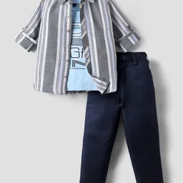 Rikidoos Full Sleeves Striped Shirt & Pant With Do The Right Thing Text Printed Tee - Grey & Light Blue-picture-13