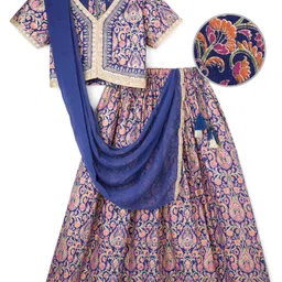 EARTHY TOUCH Single Jersey Knit Half Sleeves Choli Lehenga & Dupatta Set With Floral Print - Navy Blue-picture-29