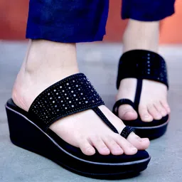 Shoetopia Stones Embellished Slip On Wedge Heel Sandals - Black-picture-24