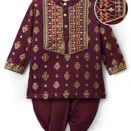 EARTHY TOUCH Single Jersey Knit Full Sleeves Kurta Dhoti Set With Foil Floral Print - Wine-picture-31