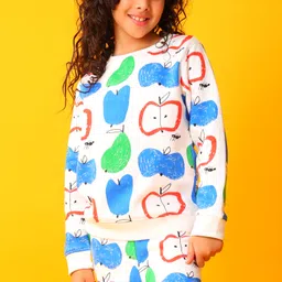 Anthrilo Fleece Knit Full Sleeves Apple & Pear Printed Light Winter Sweatshirt - White image 5