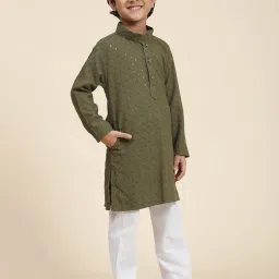 Pro-Ethic Style Developer Kids Dark Green & White Embellished Full Sleeves Kurta with Pyjamas image 4
