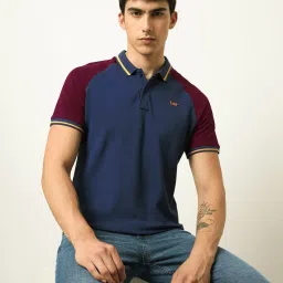 Lee Navy & Red Cotton Slim Fit Colour Block Polo T-Shirt image 4
