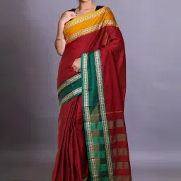 Unnati Silks Maroon Cotton Woven Saree With Unstitched Blouse image 1
