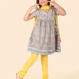 Fabindia Kids Grey & Yellow Cotton Printed Kurta Churidar Set image 1