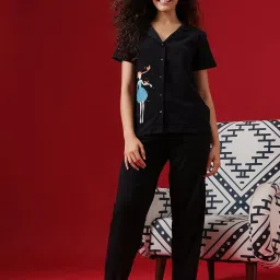 Clovia Black Cotton Shirt With Pyjamas image 1