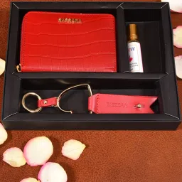 Sassora Red Small Leather Wallet With Keychain And Roll-on Purfume Gift Set (Pack Of 3) image 1