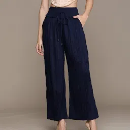 Label Ritu Kumar Navy Blue Cotton Blend Solid Wide Leg Pant image 1