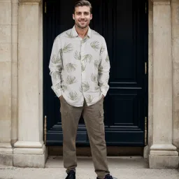 celio celio* Olive Printed Regular Fit Viscose Rayon Linen Blend Shirt image 1