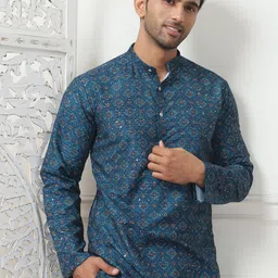 Anouk Blue & White Ethnic Motifs Printed Band Collar Pure Cotton Straight Kurta image 5