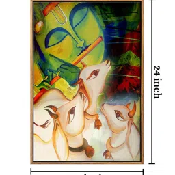 999Store Green Canvas Lord Krishna Cow Painting Wall Art image 4