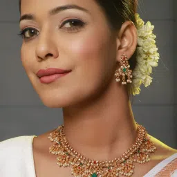 Aatmana Gold-Plated Handcrafted Red & Green Stone Studded Temple Necklace Set image 4