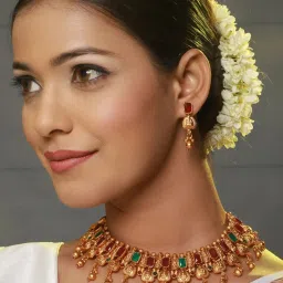 Aatmana Gold-Plated Red & Green Stone-Studded & Beaded Temple Necklace Set image 4