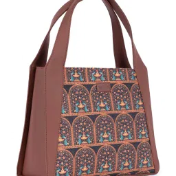 ZOUK Royal Indian Peacock Motif Trapezia Brown Printed Tote Bag image 4