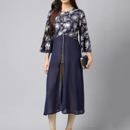 Janasya Navy Floral Print A Line Kurta image 4
