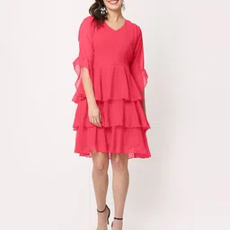 FLOREOS Women Flared Sleeve Ruffled Georgette Fit & Flare Dress-image-19