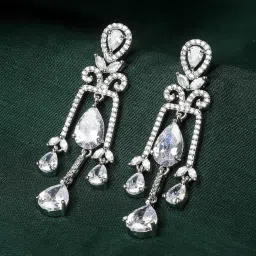 Zeneme Rhodium Plated Silver Toned American Diamond Crystal Cluster Chandelier Earrings image 1