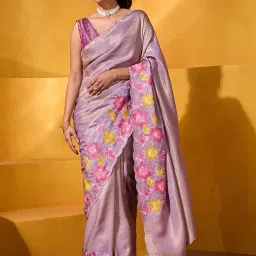 Taneira Purple Embroidered Saree With Unstitched Blouse image 1
