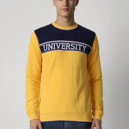 Peter England Yellow & Navy Slim Fit Colour Block Sweatshirt image 1