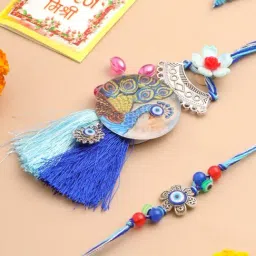 NVR Blue Evil Eye & Peacock Design Beads Bhaiya Bhabhi Rakhi With Roli Chawal Chandan & Mishri-picture-10