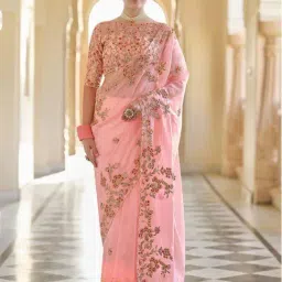Odette Pink Embroidered Saree With Unstitched Blouse-image-41
