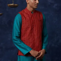 Fabindia Red Comfort Fit Embroidered Nehru Jacket image 3