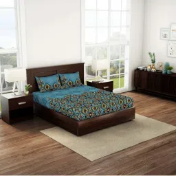 Spaces Teal Blue Cotton 144 TC Queen Fitted Bedsheet With 2 Pillow Covers image 1