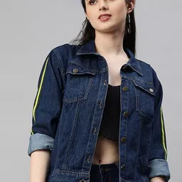 Kaali Peeli Washed Spread Collar Crop Denim Jacket-picture-23