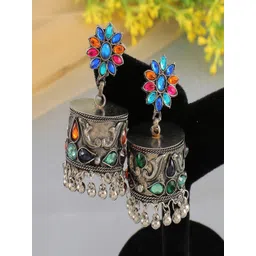 Sangria Silver Plated Stone Studded Jhumka Earrings image 4